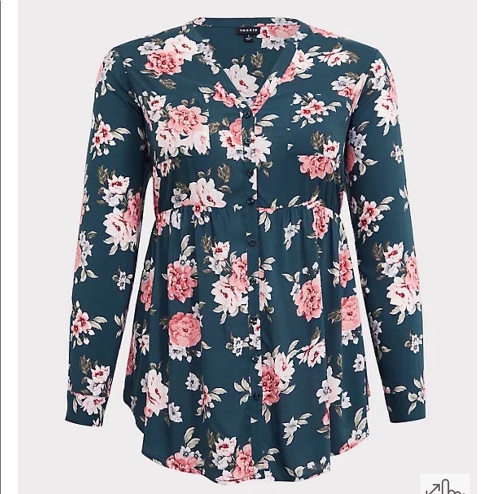 TORRID Size 2 EMMA - DARK TEAL FLORAL CHALLIS BABYDOLL TUNIC